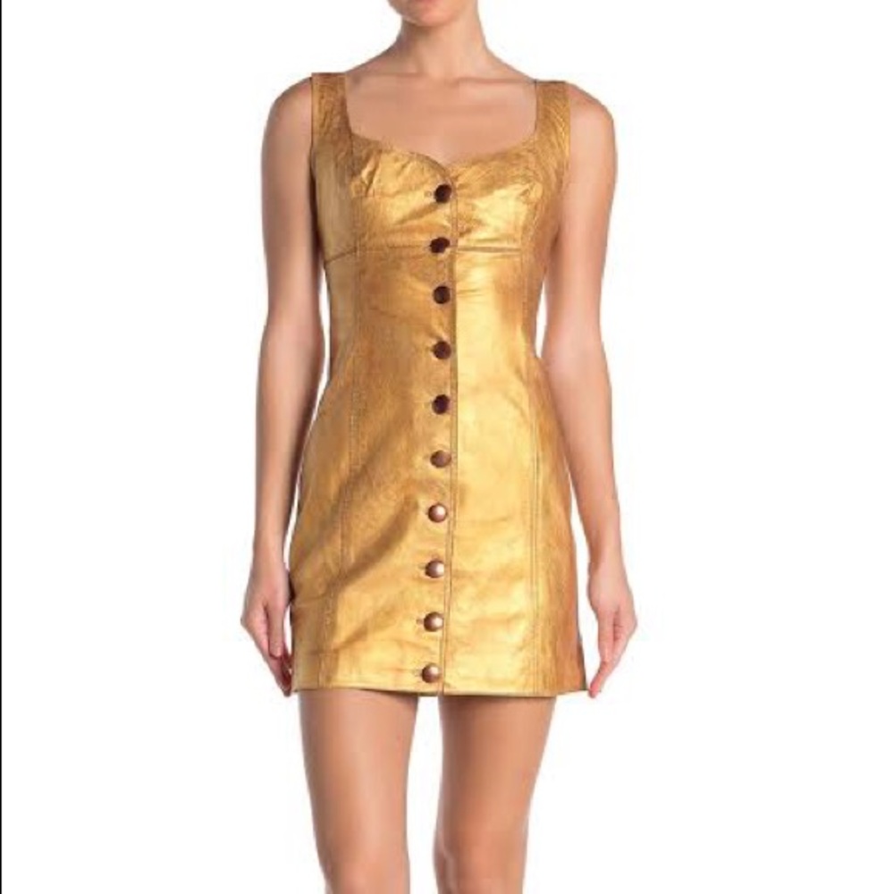 NWT Free People Goldie 100% Leather Mini Dress Gold